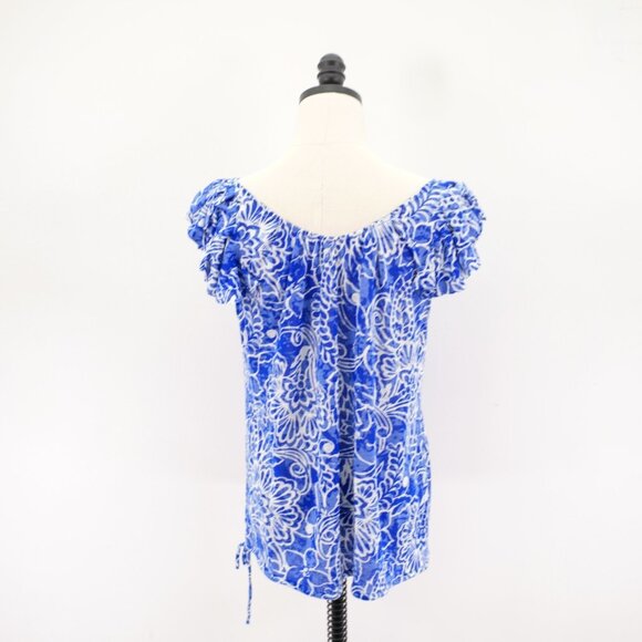 I.N.C. International Concepts XL Blue White Floral Scoop Neck Top Blouse Flutter - Picture 5 of 7